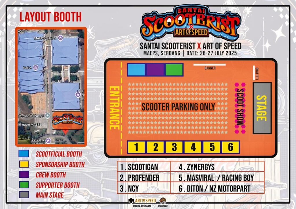 Booth layout map for Santai Scooterist X Art of Speed 2025 at MAEPS Serdang, showing sponsor and supporter booth locations including NZ Motor Parts at Booth No. 6.