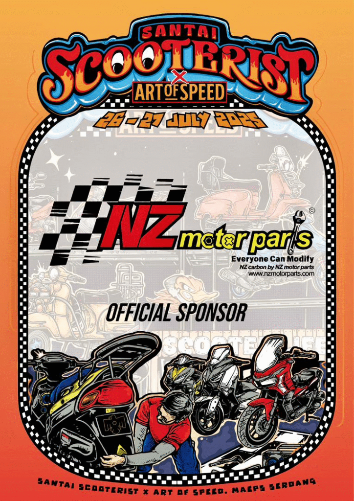 Promotional poster showing NZ Motor Parts as an official sponsor of Santai Scooterist X Art of Speed 2025, with cartoon scooters and mechanics illustration.