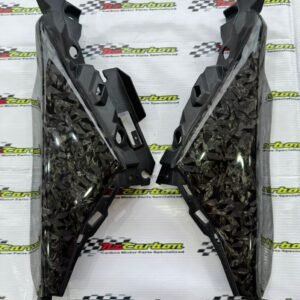 Rear tail panel left and right (L/R) in Forged Diamond Carbon for Yamaha XMAX V2 & V3, arranged side by side against a branded NZ Motor Parts backdrop showing the diamond-weave pattern and glossy finish.