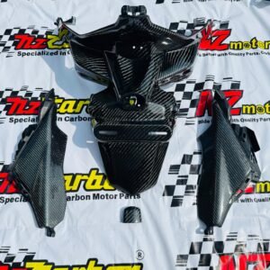 Big Twill Carbon Rear Fender Set (Set Ekor) for Yamaha XMAX V2 & V3 displayed with all three components—Rear Fender, License Plate Light Cover, and Rear Tail Panel L/R—showcasing the bold big-weave carbon texture and premium craftsmanship.