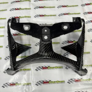 Big Twill Carbon Cover Headlamp for Yamaha XMAX V2 & V3 displayed on an NZ Carbon/NZ Motor Parts backdrop, showing its large-weave carbon pattern and glossy finish.