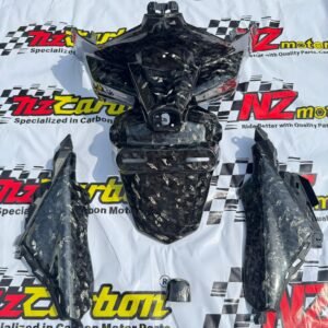 Forged Diamond Carbon Rear Fender Set for Yamaha XMAX V2 & V3 by NZ Carbon, showing all three components—rear fender, license plate light cover, and rear tail panel L/R—arranged on an NZ Motor Parts background.