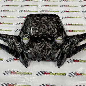 Forged Diamond Carbon Front Signal Cover for Yamaha XMAX V2 displayed on an NZ Motor Parts background, showing the diamond-pattern carbon weave and glossy handcrafted finish.