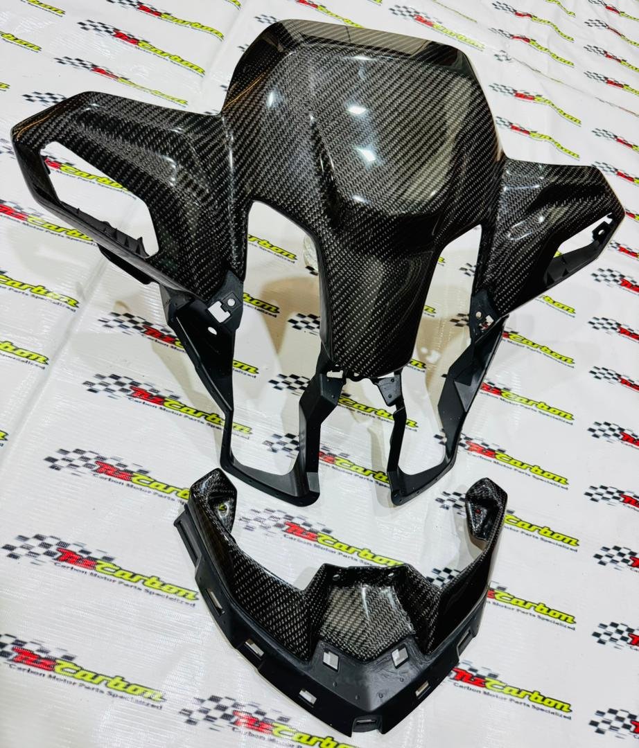 A complete NZ Carbon Front Signal Cover Set for Yamaha XMAX V3 in Black Twill Carbon, including the Front Signal Cover and Upper Front Signal Cover displayed on an NZ Motor Parts branded backdrop.