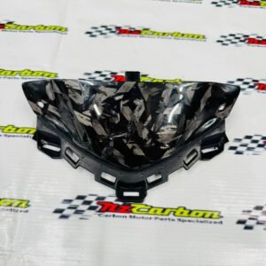 NZ Carbon Windshield Connected Cover in Forged Diamond Carbon for Yamaha XMAX V2, displayed on a branded NZ Motor Parts background showing the forged carbon texture and glossy finish.
